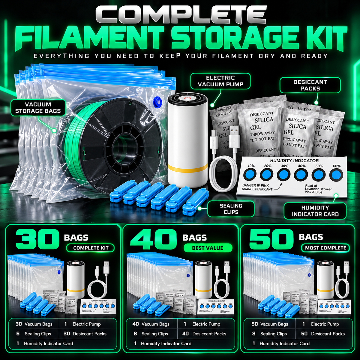 FilamentVault™ Pro — Electric Filament Vacuum Storage Kit